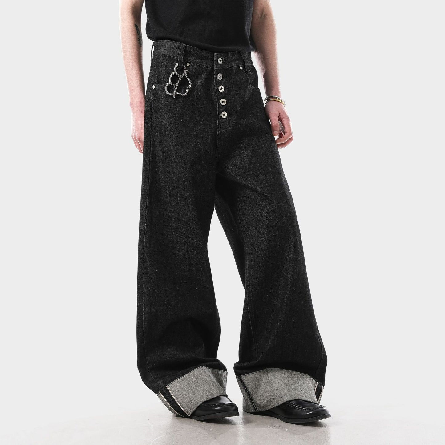 Black Raw Selvedge Denim Jeans Unisex 14oz Wide Leg Fit