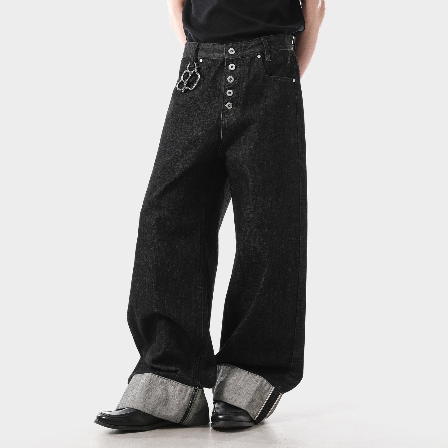 Black Raw Selvedge Denim Jeans Unisex 14oz Wide Leg Fit