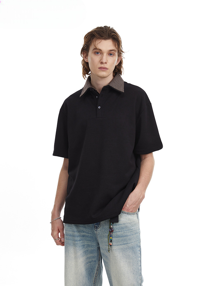 Checkered Double Collar Polo Retro Contrast Short Sleeved Tee