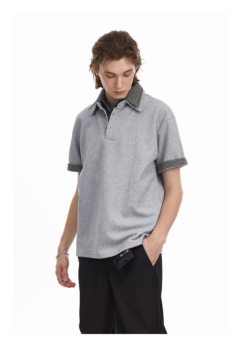 Checkered Double Collar Polo Retro Contrast Short Sleeved Tee