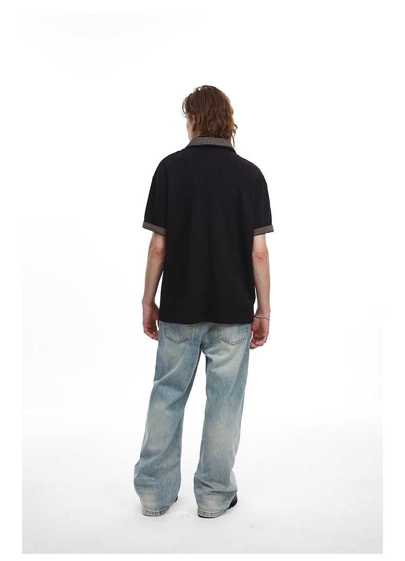 Checkered Double Collar Polo Retro Contrast Short Sleeved Tee