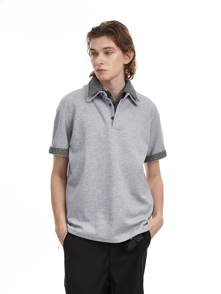 Checkered Double Collar Polo Retro Contrast Short Sleeved Tee