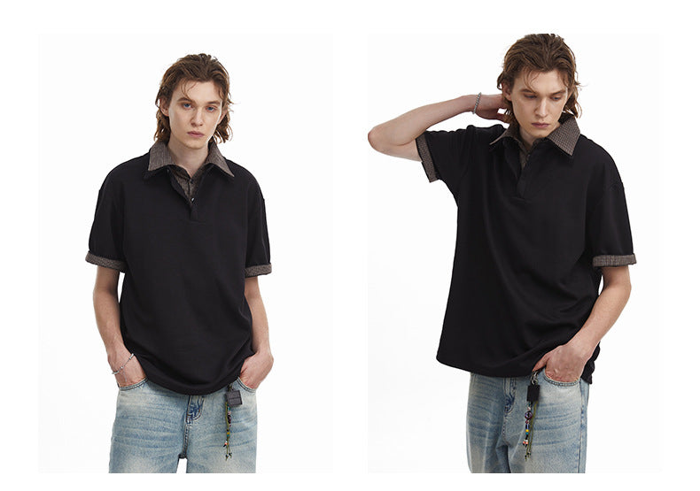 Checkered Double Collar Polo Retro Contrast Short Sleeved Tee