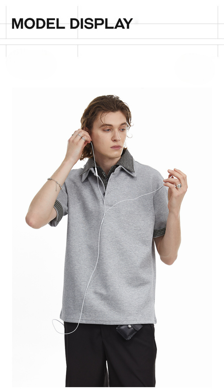 Checkered Double Collar Polo Retro Contrast Short Sleeved Tee