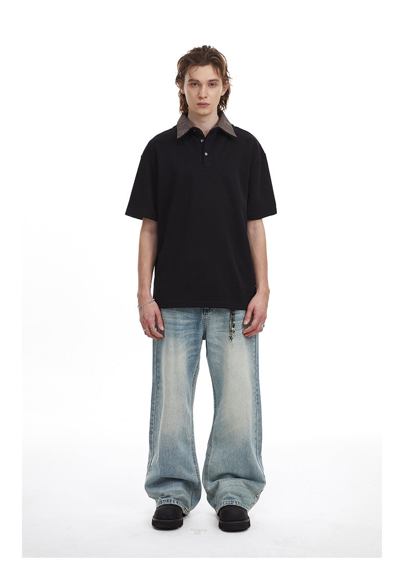 Checkered Double Collar Polo Retro Contrast Short Sleeved Tee