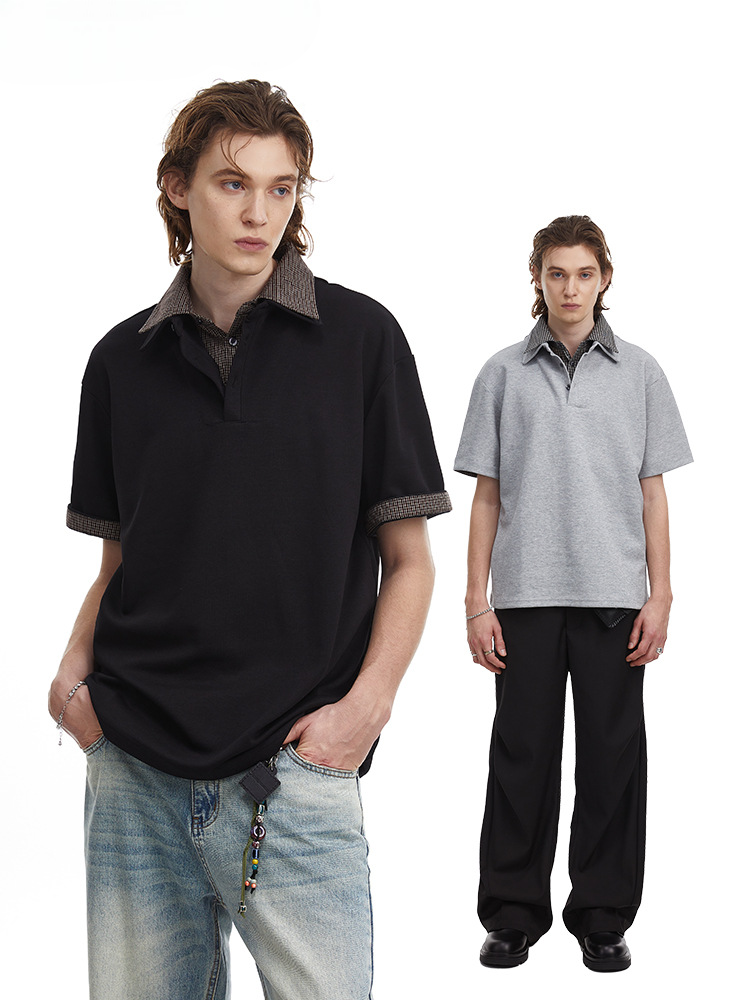 Checkered Double Collar Polo Retro Contrast Short Sleeved Tee