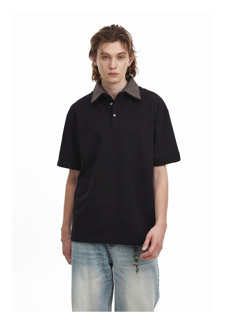 Checkered Double Collar Polo Retro Contrast Short Sleeved Tee