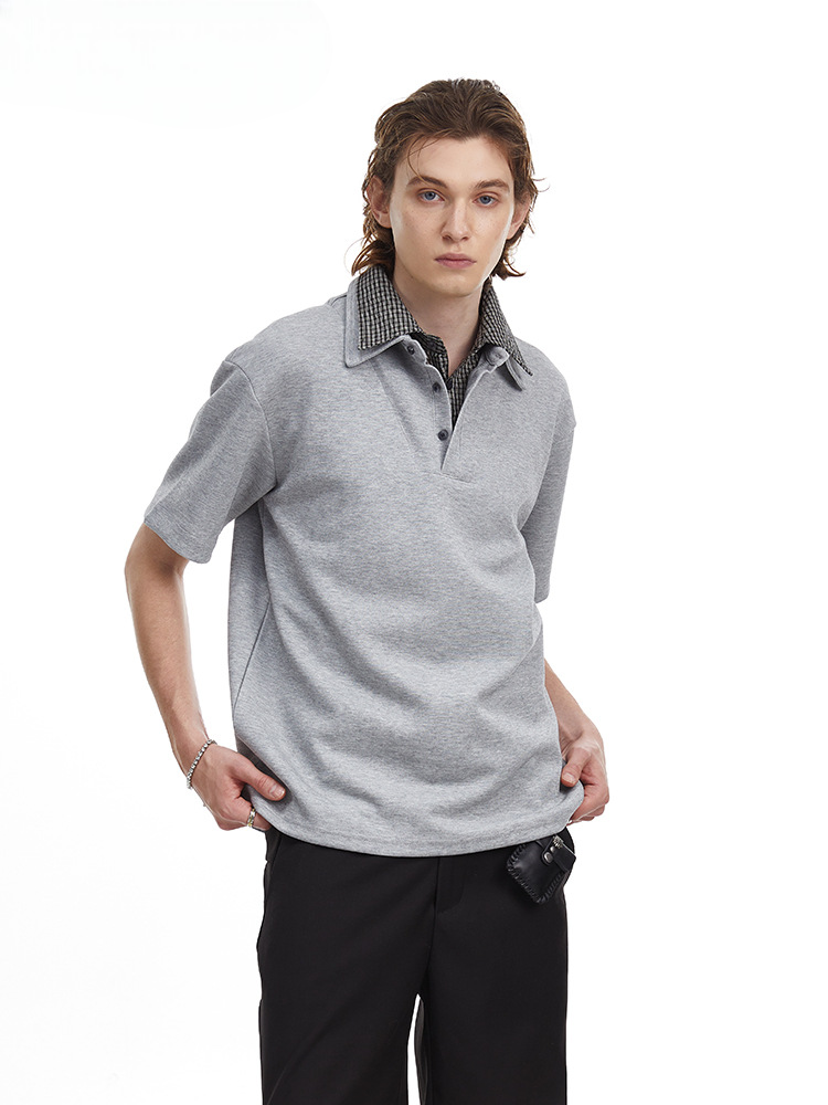 Checkered Double Collar Polo Retro Contrast Short Sleeved Tee