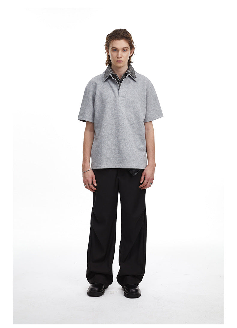Checkered Double Collar Polo Retro Contrast Short Sleeved Tee