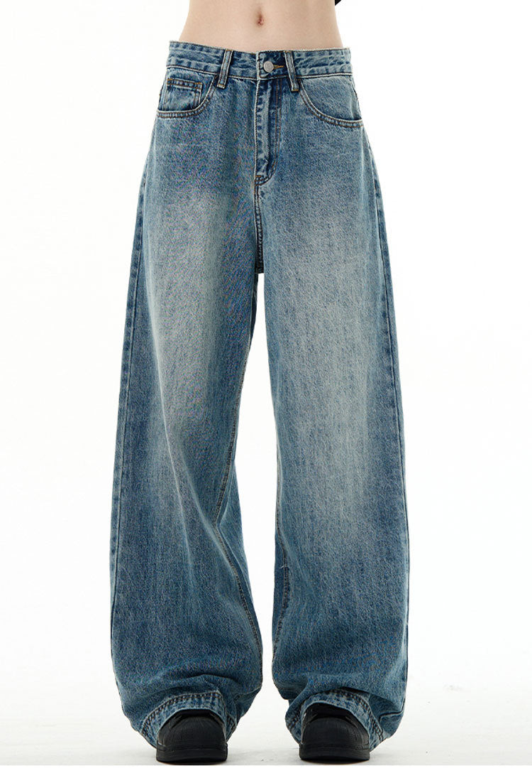 Clean Fit Wide Leg Jeans Vintage Wash Blue Denim