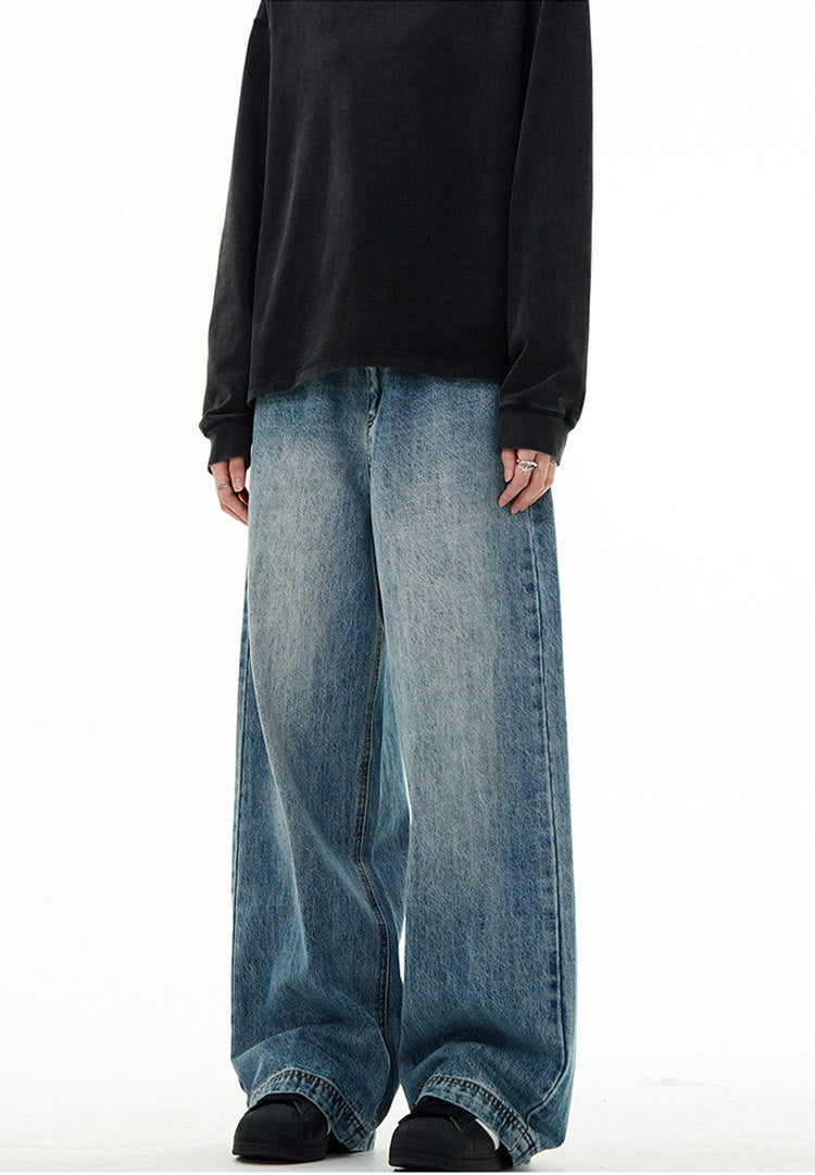 Clean Fit Wide Leg Jeans Vintage Wash Blue Denim