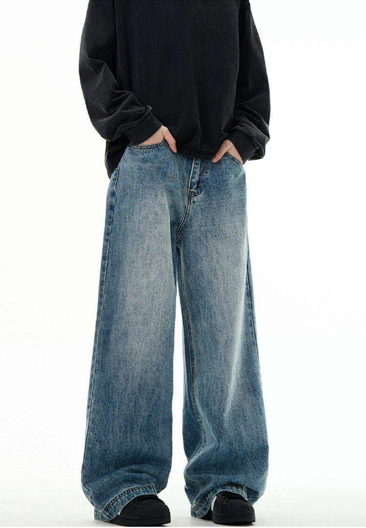 Clean Fit Wide Leg Jeans Vintage Wash Blue Denim