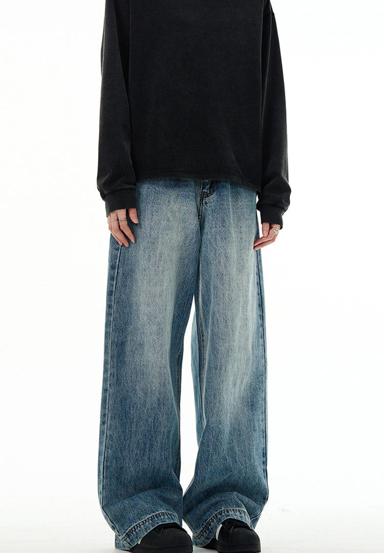 Clean Fit Wide Leg Jeans Vintage Wash Blue Denim