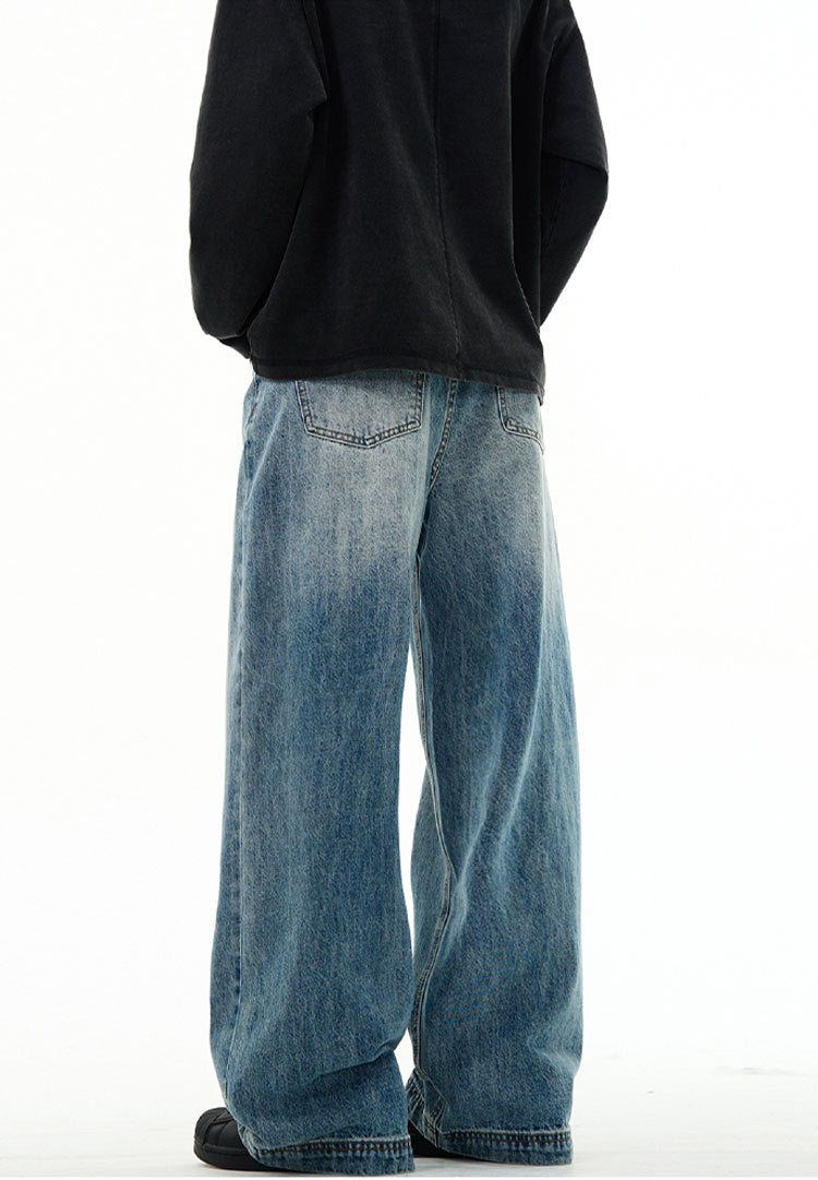 Clean Fit Wide Leg Jeans Vintage Wash Blue Denim