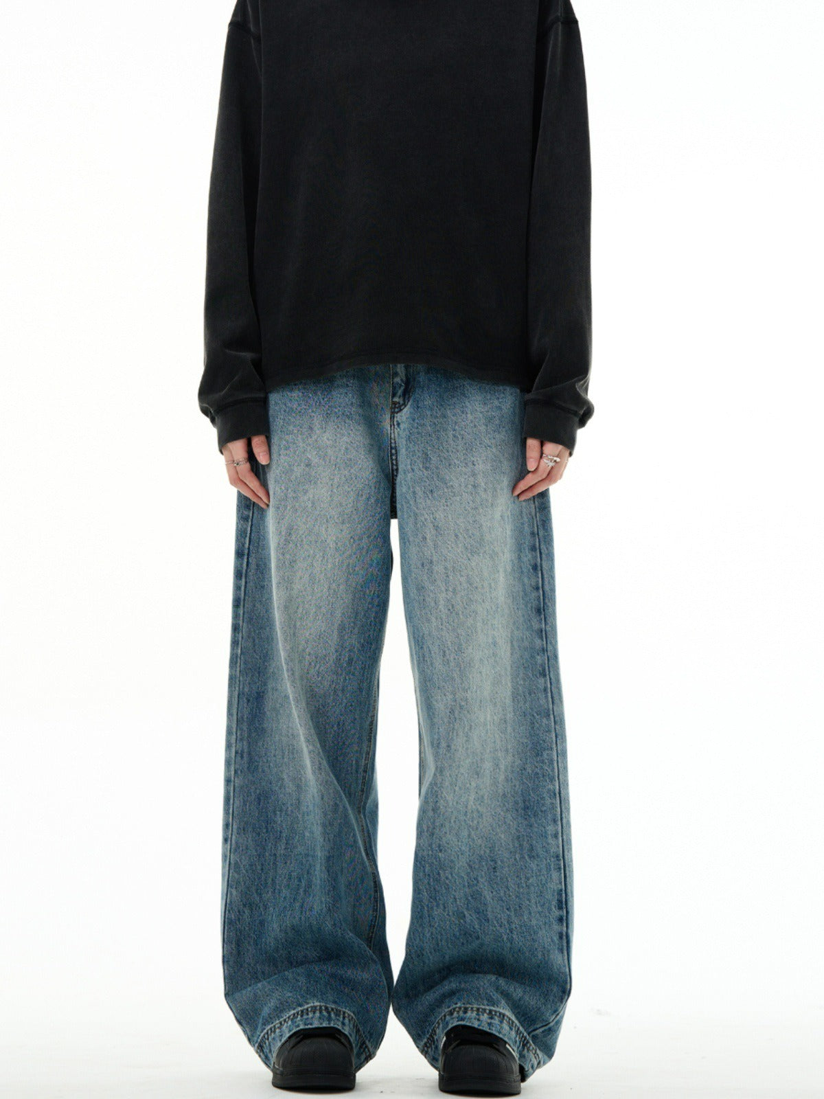 Clean Fit Wide Leg Jeans Vintage Wash Blue Denim