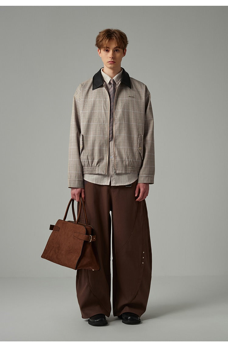 Cleanfit Houndstooth Plaid Harrington Jacket with Contrast Collar