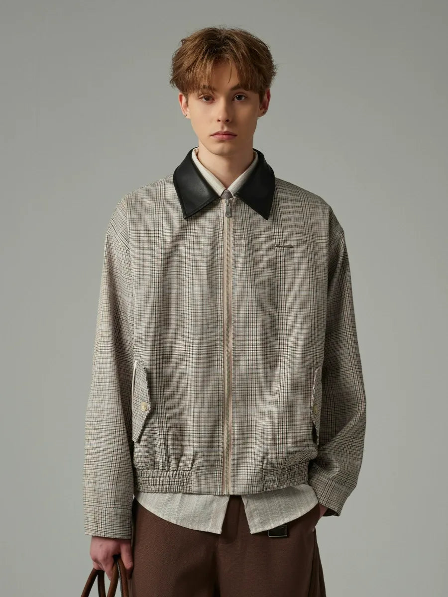 Cleanfit Houndstooth Plaid Harrington Jacket with Contrast Collar