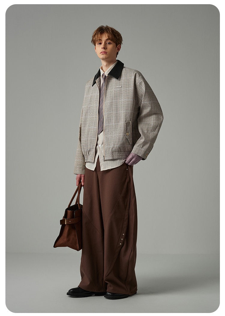 Cleanfit Houndstooth Plaid Harrington Jacket with Contrast Collar