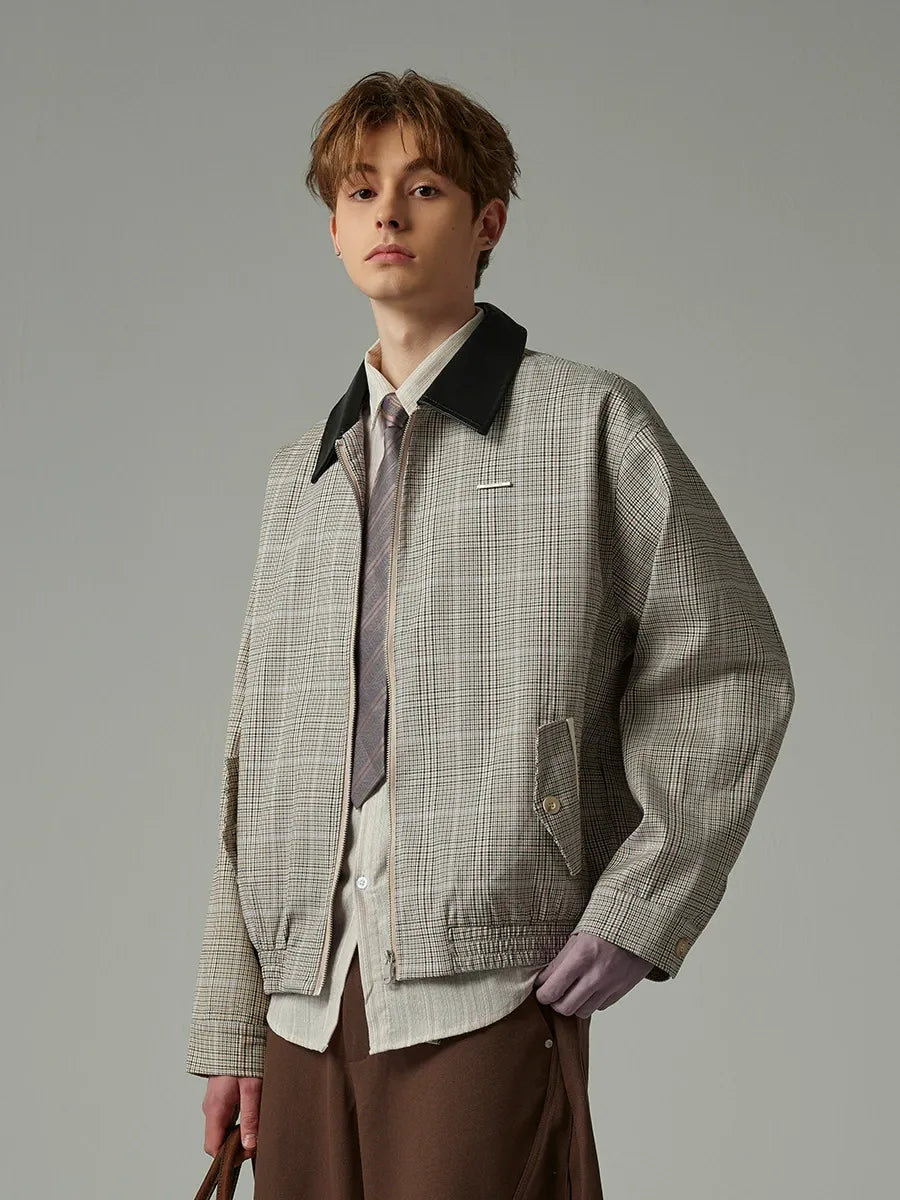 Cleanfit Houndstooth Plaid Harrington Jacket with Contrast Collar