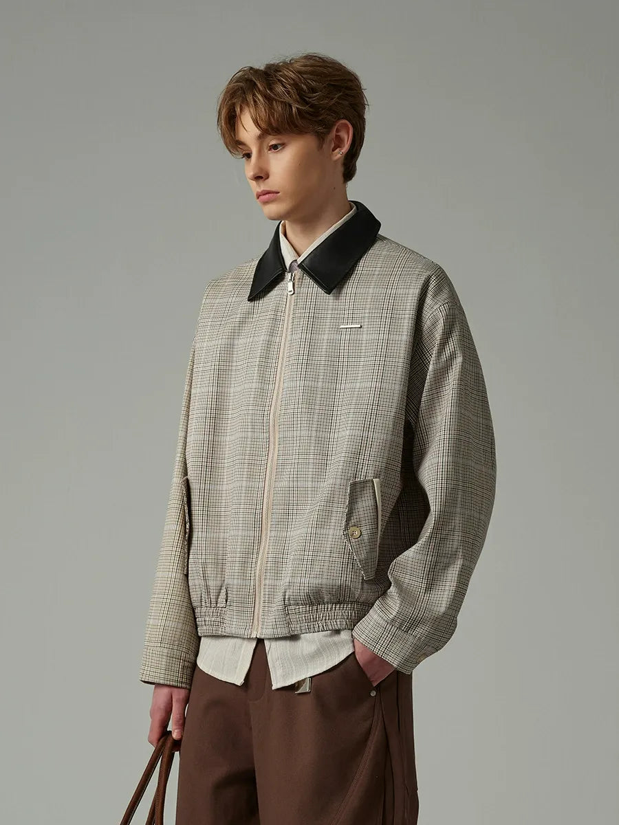 Cleanfit Houndstooth Plaid Harrington Jacket with Contrast Collar