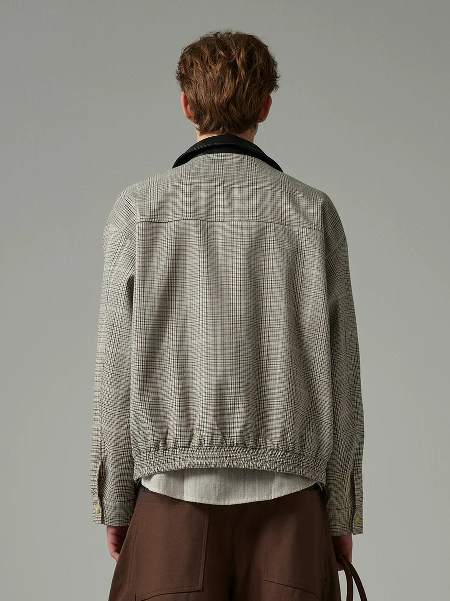 Cleanfit Houndstooth Plaid Harrington Jacket with Contrast Collar