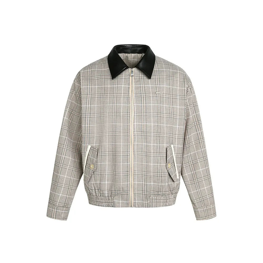 Cleanfit Houndstooth Plaid Harrington Jacket with Contrast Collar