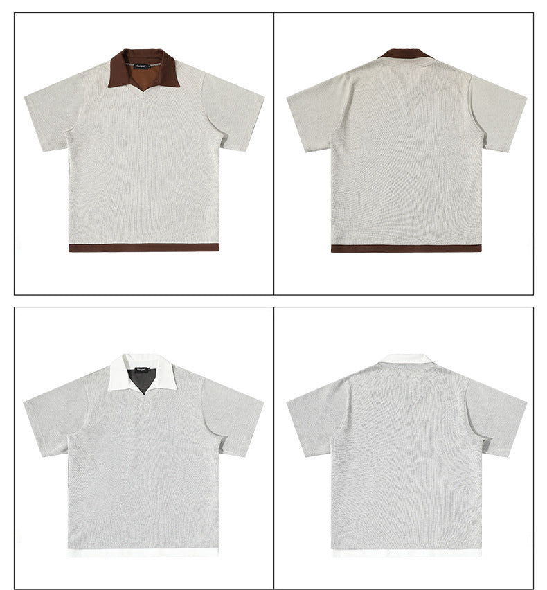 Contrast Collar Faux Layer Polo Shirt Textured Knit