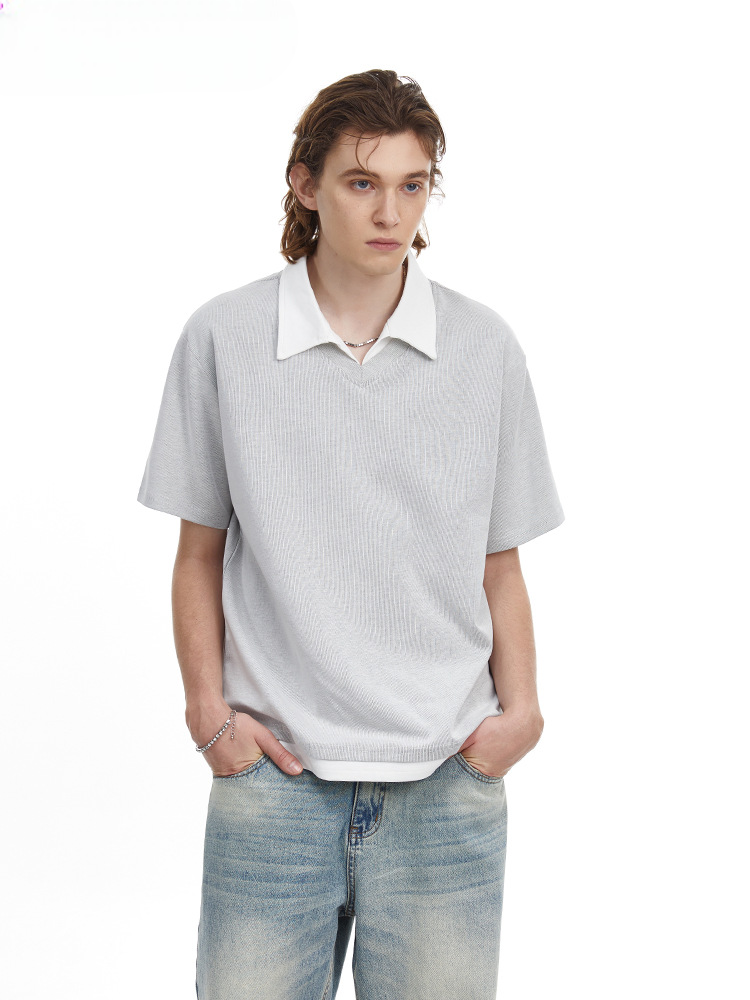 Contrast Collar Faux Layer Polo Shirt Textured Knit