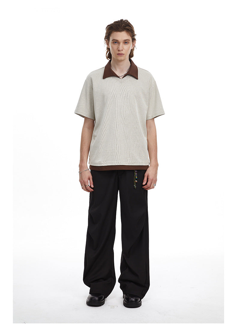 Contrast Collar Faux Layer Polo Shirt Textured Knit