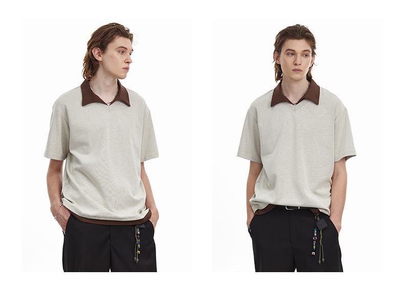 Contrast Collar Faux Layer Polo Shirt Textured Knit