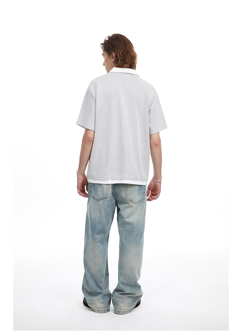 Contrast Collar Faux Layer Polo Shirt Textured Knit