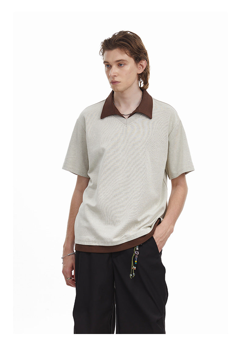 Contrast Collar Faux Layer Polo Shirt Textured Knit
