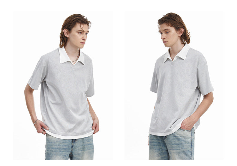 Contrast Collar Faux Layer Polo Shirt Textured Knit