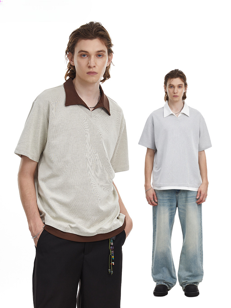 Contrast Collar Faux Layer Polo Shirt Textured Knit