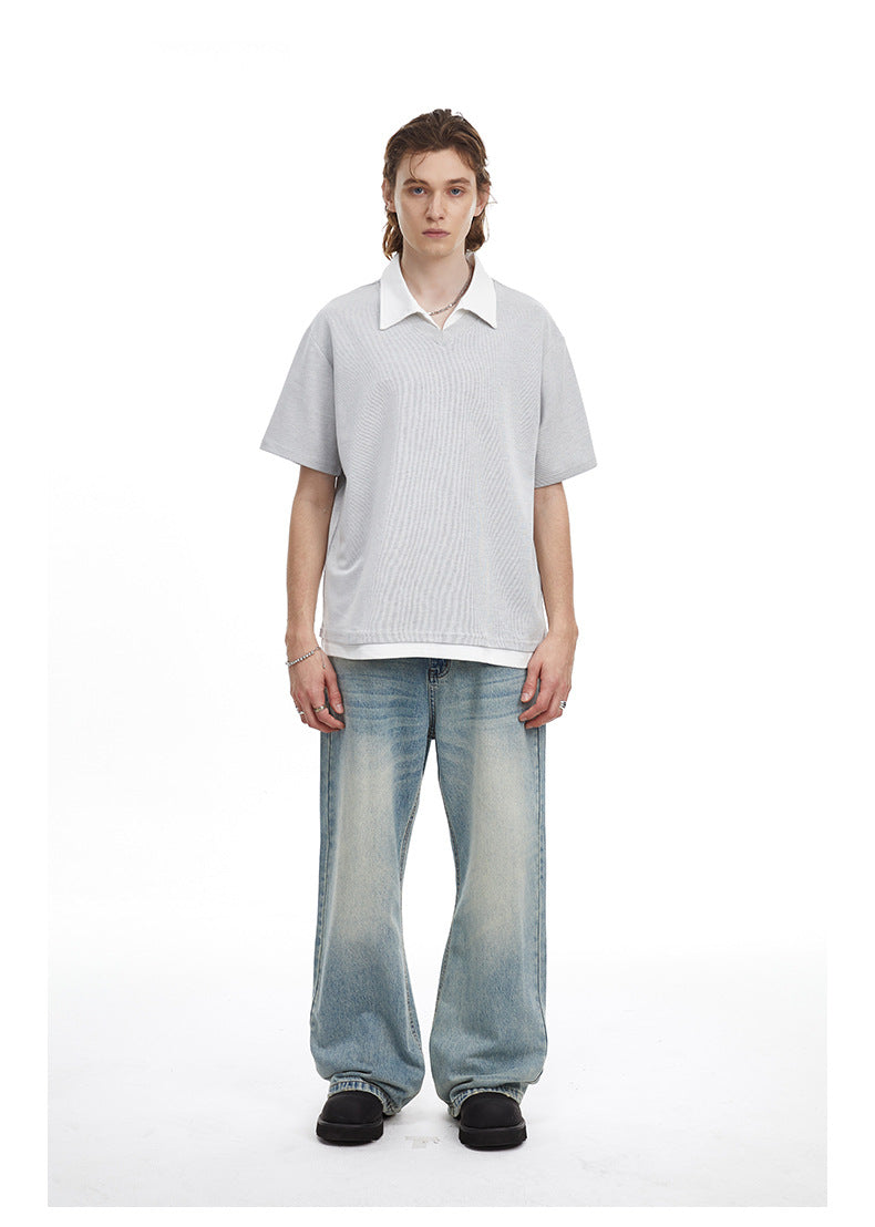 Contrast Collar Faux Layer Polo Shirt Textured Knit
