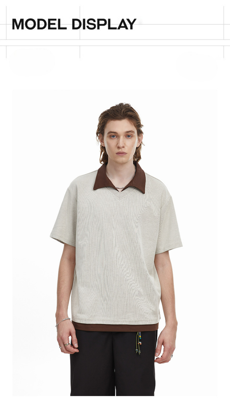 Contrast Collar Faux Layer Polo Shirt Textured Knit