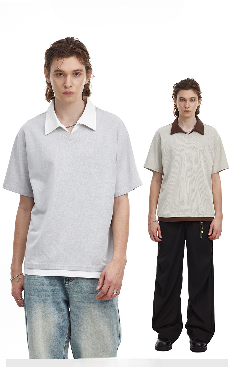 Contrast Collar Faux Layer Polo Shirt Textured Knit