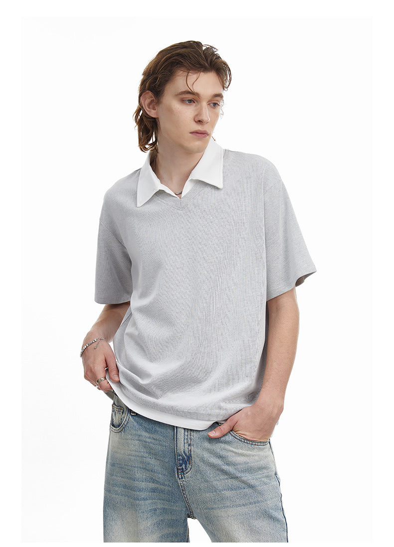Contrast Collar Faux Layer Polo Shirt Textured Knit