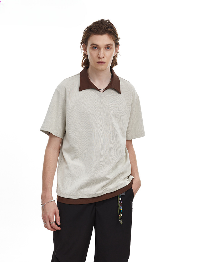 Contrast Collar Faux Layer Polo Shirt Textured Knit