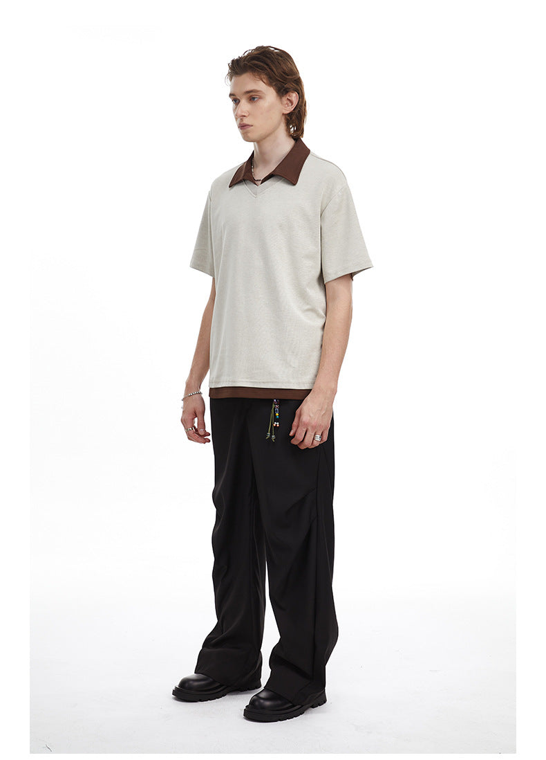 Contrast Collar Faux Layer Polo Shirt Textured Knit