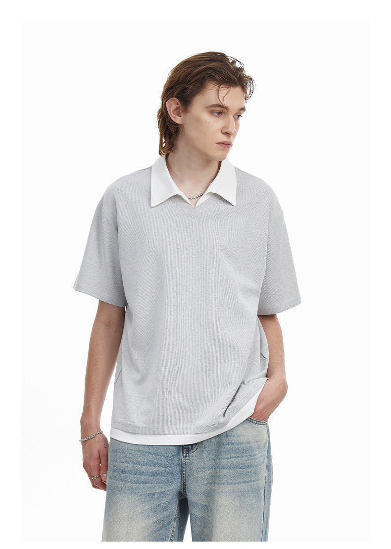 Contrast Collar Faux Layer Polo Shirt Textured Knit