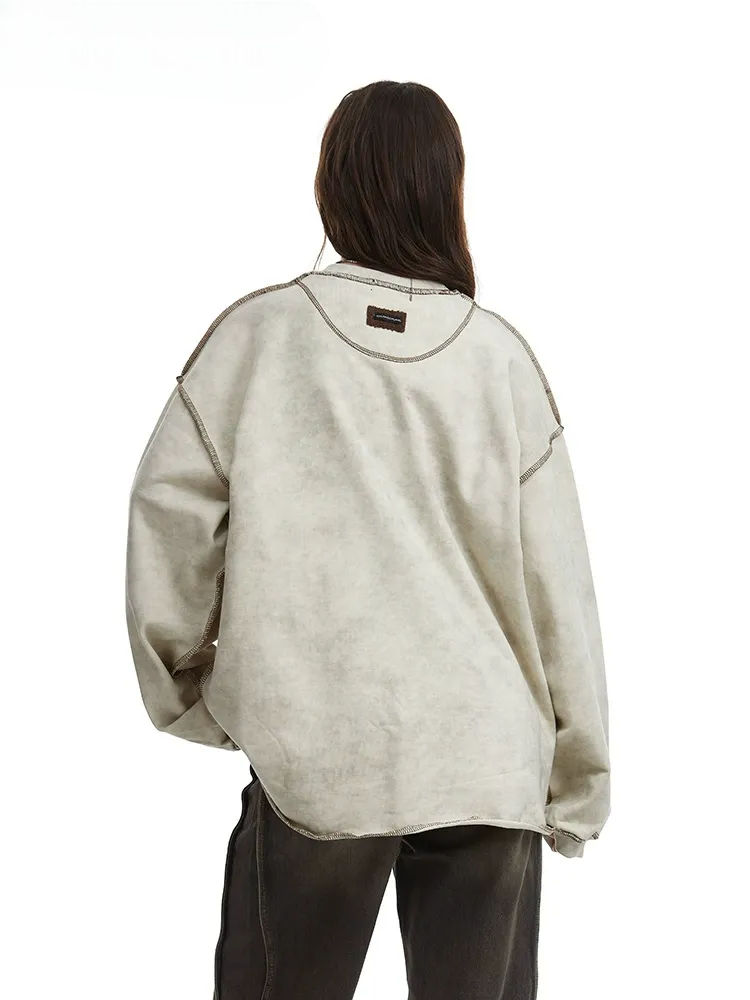 Contrast Stitch Washed Pullover Relaxed Fit Crewneck Sweatshirt