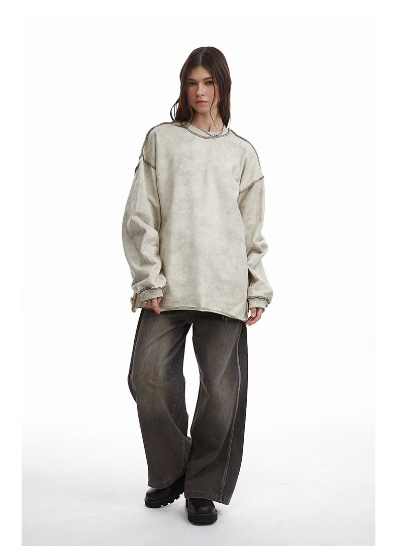 Contrast Stitch Washed Pullover Relaxed Fit Crewneck Sweatshirt
