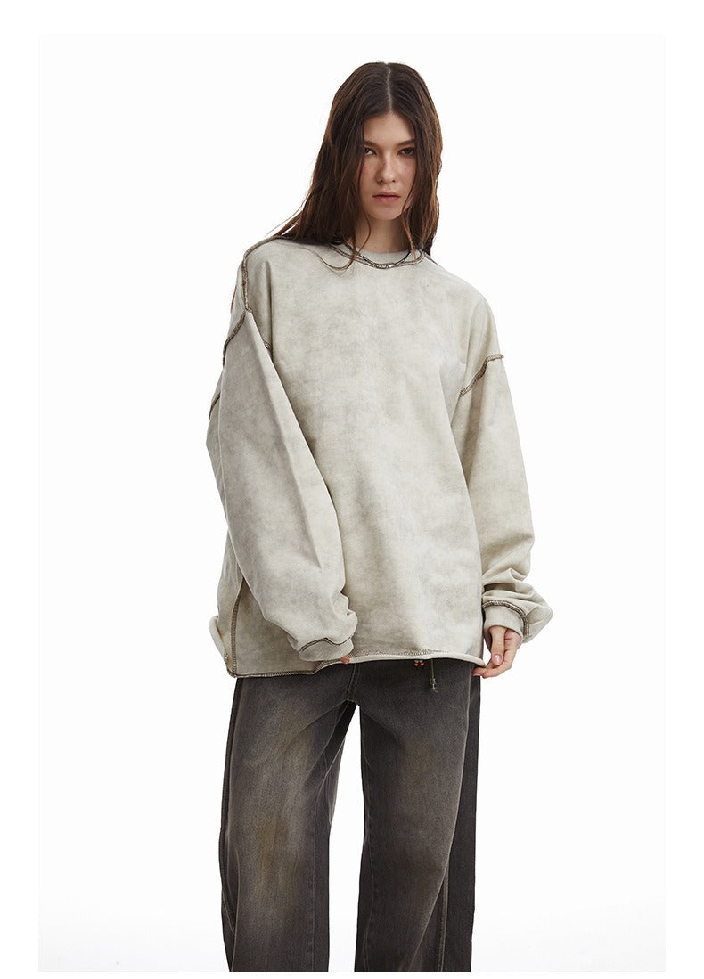 Contrast Stitch Washed Pullover Relaxed Fit Crewneck Sweatshirt