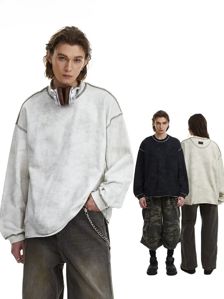 Contrast Stitch Washed Pullover Relaxed Fit Crewneck Sweatshirt