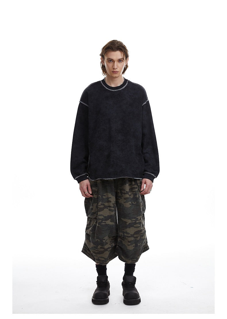 Contrast Stitch Washed Pullover Relaxed Fit Crewneck Sweatshirt