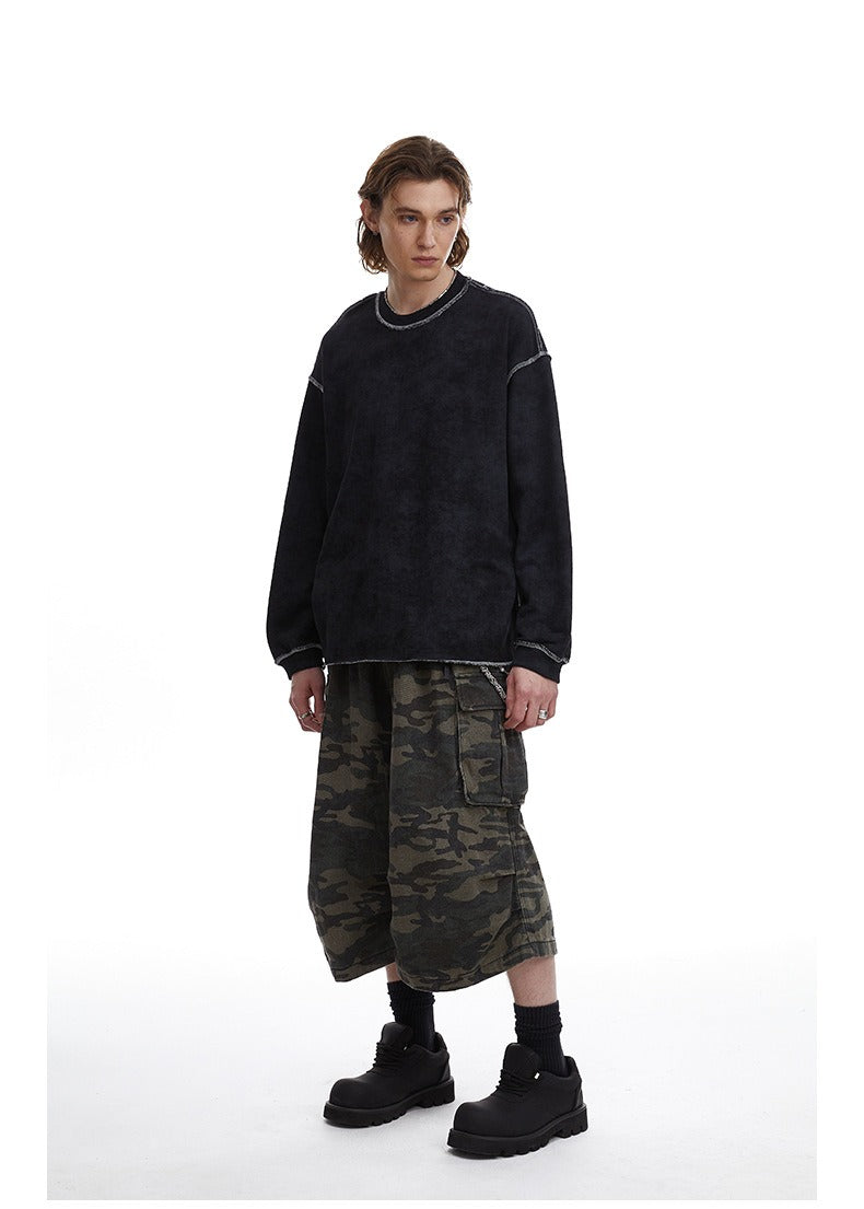 Contrast Stitch Washed Pullover Relaxed Fit Crewneck Sweatshirt