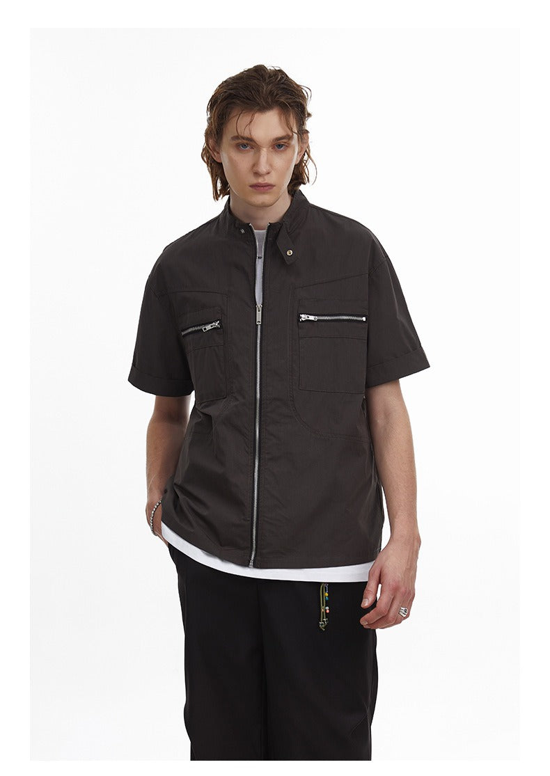 Deconstructed Moto Zip-Up Shirt Retro Workwear Shirt with Stand Collar