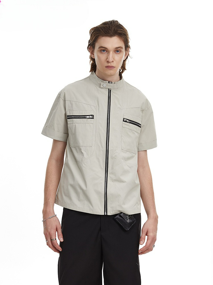 Deconstructed Moto Zip-Up Shirt Retro Workwear Shirt with Stand Collar