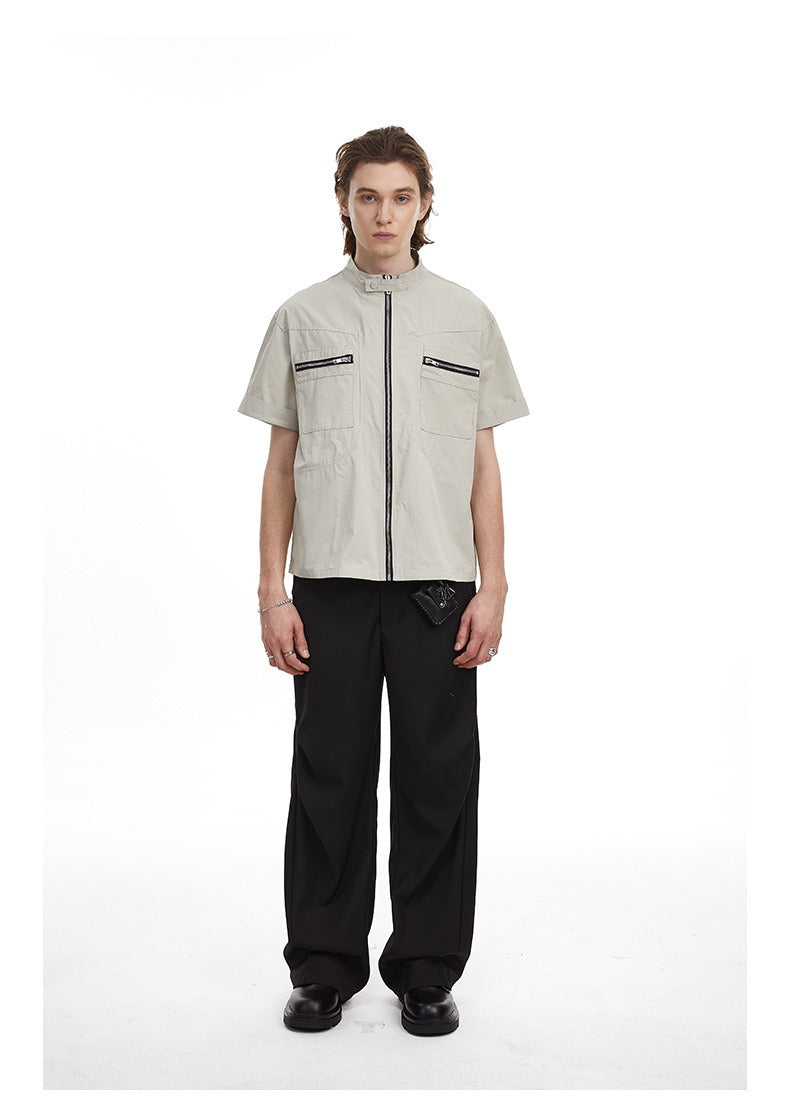Deconstructed Moto Zip-Up Shirt Retro Workwear Shirt with Stand Collar